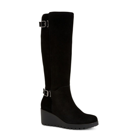 Gianni Bernini Black Buckle Accent Wedge Boot - Picture 1 of 5